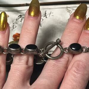 Vintage Heavy 925 Sterling Silver MEXICO and Onyx Cabochon Stone Bracelet